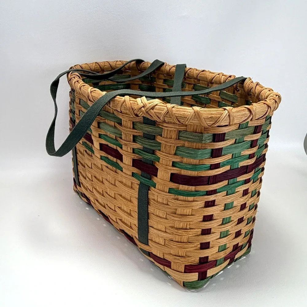 Vintage Woven Wicker Basket with Cloth Handles Tan Green Burgundy